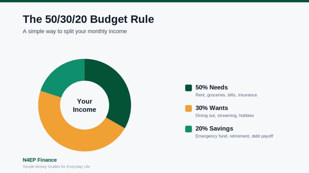 50/30/20 budget rule pie chart showing needs, wants, and savings